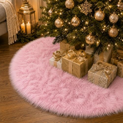 60 Inch Christmas Tree Skirt - Fluffy Faux Fur Pink Tree Skirt, Pink Plush Xmas Holiday Decor for Parties, Small Round Tree Skirt - Image 2