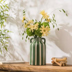 Ceramic Vase with Handles, Modern Farmhouse Striped Decorative Vase, 9.1" Art Deco Tall Flower Vases for Pampas Grass, Shelf Decor, Dining Table Centerpiece, Living Room Home Decor (Sage Green) - Image 2