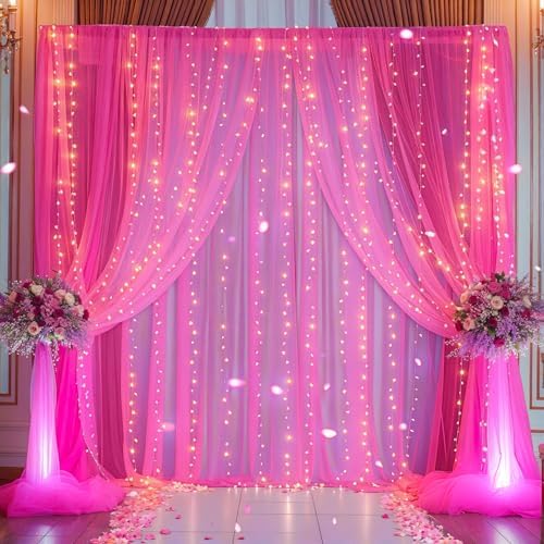 10x10ft Hot Pink Tulle Backdrop Curtain with Lights String for Parites, Sheer Backdrop Curtains for Wedding Baby Shower Birthday Party Photo Shoot Decorations - Image 4