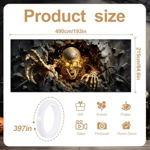Halloween Garage Door Banner 7x16 FT - Realistic Skeleton Breaking Through Wall Backdrop Cover, Glowing Gold Skull Monster Hanging Decor for Double Car Garage Door Outdoor Yard Scary Party - Image 2