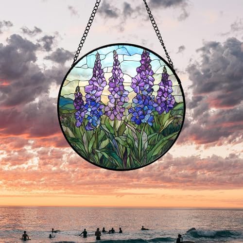 Purple Lupine Flowers Stained Glass Window Hanging Suncatcher Gift 15" - Image 5