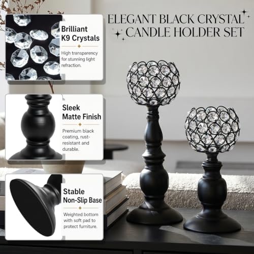 Black Crystal Candle Holders Set of 4(11.4" & 8.8") - Image 3