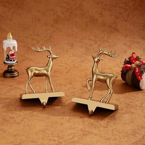 2 Pack 3D Christmas Stocking Holders for Mantle Xmas Reindeer Antique Gold Stocking Holder for Fireplace Xmas Stocking Hooks Weighted Hangers Holiday Christmas Decorations Supplies (Antique Deer) - Image 6