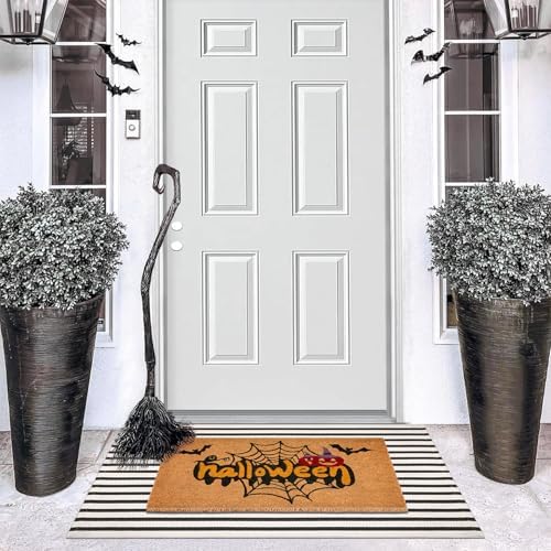 Halloween Front Door Mat Combo Set, Spider Web Coco Coir Welcome Doormat -28" x 43" Black and White Striped Rug, Autumn Fall Porch Entryway Decor Floor Mat - Image 4