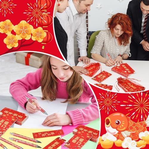 200 Pcs Chinese Lunar New Year Gift Set Includes Ballpoint Pens Notebooks Bookmarks Red Organza Bags Suitable for 2026 New Year Gifts School Office - Image 6