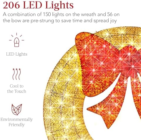 Best Choice Products 60in Pre-Lit Outdoor Christmas Wreath Decoration, LED Metal Holiday Decor for Home Exterior, Garden w/ 206 Lights, Bow - Gold/Red - Image 3