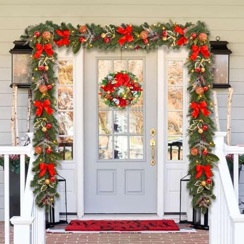6ft Pre-lit Garland,red Gold Christmas Decorated Garland with 30 LED Light String,Indoor Outdoor Xmas Decorations on Mantle Fireplace Front Door, Christmas Stairs Decor Battery Operated with Timer - Image 5