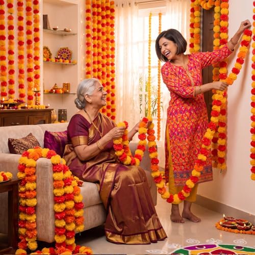 XunYee 10 Pcs 5 ft Marigold Garland for Decoration Long Strands, 3 Colors - Image 4