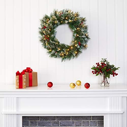 Nearly Natural 24in. Frosted Swiss Pine Artificial Wreath with 35 Clear LED Lights and Berries, Green, 5x24x24 - Image 6