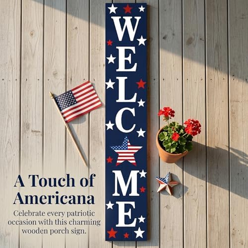 Vertical Patriotic Welcome Porch Sign,4th of July Wooden Decoration for Front Porch,250th Anniversary Memorial Day Wooden Porch Sign for Outdoor Patio. - Image 3
