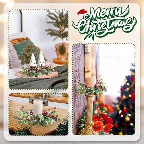 6 Pcs Christmas Candle Rings Wreaths Artificial Snowy Pine Cedar Red Berry Clusters Candle Rings Wreaths Mini Christmas Balls Wreath for Xmas Winter Front Door Window Decorations ﻿ - Image 6