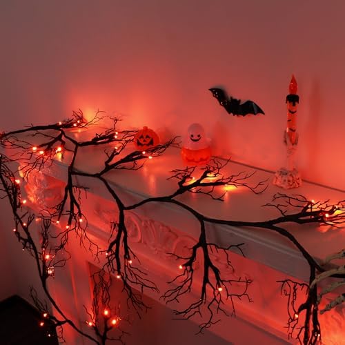 9 Ft 66 LED Willow Vine Twig Decor Black Halloween Garland with Orange Lights, Timer 8 Modes Waterproof Battery Operated Indoor Halloween Decorations for Wall Fireplace Mantle Home Office Party Decor - Image 5