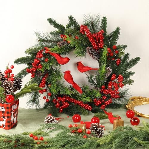 LOKEISNA Christmas Wreaths for Front Door - 22" Christmas Wreath with Cardinal, Handmade Door Wreath for Window, Xmas Winter Gift Home Décor - Image 2