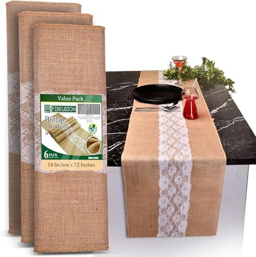 Burlap Lace Table Runner (Pack of 6) – 14”x 72” - No-Fray Finished Edge Natural Table Runner – No Odor, Eco-Friendly Burlap Runner - Perfect for Christmas, Wedding, Thanksgiving by Fibeusion