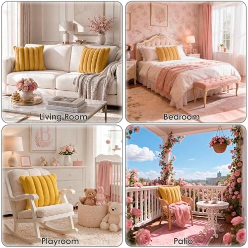 Faux Fur Decorative Throw Pillow Covers 20x20 Set of 2, Yellow - Image 4