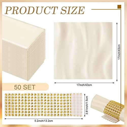 Tatuo 50 Sets Ivory Satin Napkins and Rings Set, Ivory - Image 2