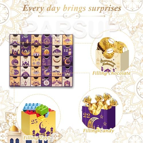 Ramadan Advent Calendar with Drawers, 30 Empty Boxes for 30 days, Eid Mubarak Coutdown Calendar Fillable Ramadan Gift, Islamic Art, Cardboard Number Storage Box, Ramadan Party Supplies - Purple - Image 4