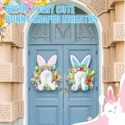 Zeyune 2 Pcs 18.1"x 11.4" Easter Bunny Wreath with Colorful Eggs Artificial Easter Wreath Mixed Flowers Green Leaves Hanging Bunny Shaped with Straw Hat and Bow for Front Door Wall(Bunny Tail) - Image 4