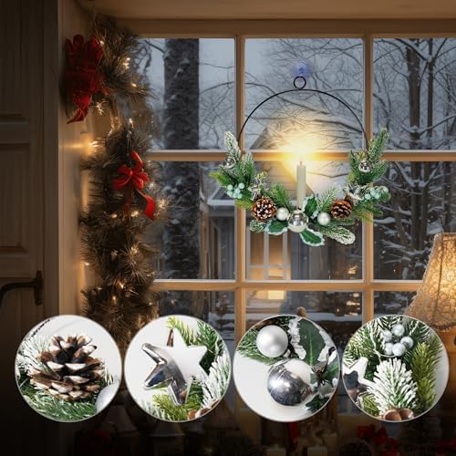2Pack Christmas Wreaths for Front Door with LED Taper Candles, 16-inch Window Wreath Christmas with Light & Remote, Battery Operated Outdoor Winter Ornaments Christmas Decorations丨Silver丨 - Image 2
