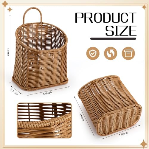 Set of 2 Woven Hanging Wicker Basket for Door, Handmade Rattan Hanging Wall Basket Wall Mounted Storage Organizer for Garden Farmhouse Home Entryway Door Decoration - Image 2