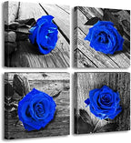 4-Piece Royal Blue Rose Pictures Wall Decor for Bedroom, Canvas Art 12x12in by JiazuGo