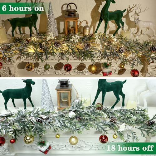 6FT Christmas Garland with Lights, Christmas Decorations Indoor Outdoor Pre-lit Artificial Pine Garland with Battery Operated Timer, Home Holiday Decor Flocked Garland for Mantel Window Stairs Wall - Image 6
