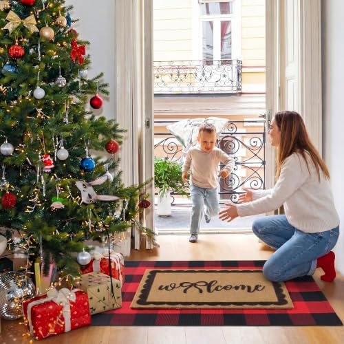 2pcs Christmas Welcome Mat for Front Door Layered Buffalo Plaid Outdoor Rug - Image 6
