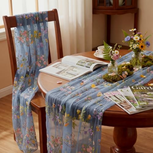 Blue Floral Table Runner 10ft Embroidery Tulle Spring Wildflower Table Runner Seasonal Summer Butterfly Kitchen Dining Gauze Decoration for Wedding Baby Bridal Shower Birthday Party (3 Pcs) - Image 5