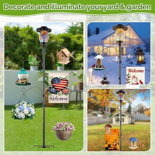 4-Hook Solar Shepherds Hooks for Outdoors,80In Bird Feeder Pole with 5 Prongs Base|Flag Holder|Solar Lights,Heavy Duty Garden Stand Hooks for Hanging Plant Baskets,Wind Chimes,Lanterns - Image 7