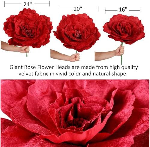 Set of 3 - Giant Red Velvet Rose Large Handcrafted Artificial Flower Props for Wedding, Home, Party, Event, Backdrop Decoration for Anniversary Birthday Valentine's Day (Red - Rose Heads Only) - Image 5