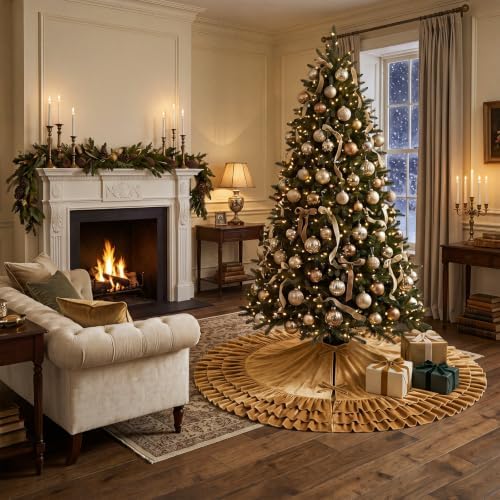 Hollowfly 48 Inch Ruffled Velvet Christmas Tree Skirts Gold Tree Skirt - Image 5