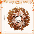 24 Inch Fall Wreath for Front Door, Autumn Harvest Wreaths with Yellow Leaves, Dahlia, Artificial Wreath for Indoor Outdoor Porch Thanksgiving Home Farmhouse Decorations - Image 3