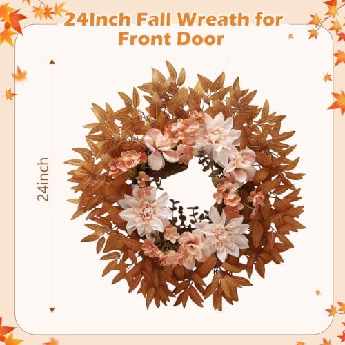 24 Inch Fall Wreath for Front Door, Autumn Harvest Wreaths with Yellow Leaves, Dahlia, Artificial Wreath for Indoor Outdoor Porch Thanksgiving Home Farmhouse Decorations - Image 3