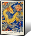Chinese Lunar Year of the Dragon Art Print – Chinese Zodiac Wall Decor with Orange Peony & Iris Pattern Gilded Dark Blue Oriental Home Decor Poster for Bathroom Bedroom 12X18 in Wrapped Framed by Unknown