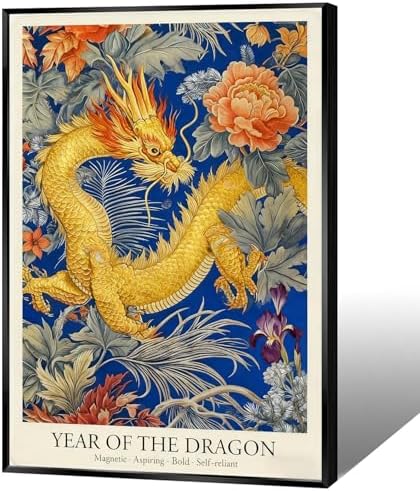 Chinese Lunar Year of the Dragon Art Print – Chinese Zodiac Wall Decor with Orange Peony & Iris Pattern Gilded Dark Blue Oriental Home Decor Poster for Bathroom Bedroom 12X18 in Wrapped Framed by Unknown