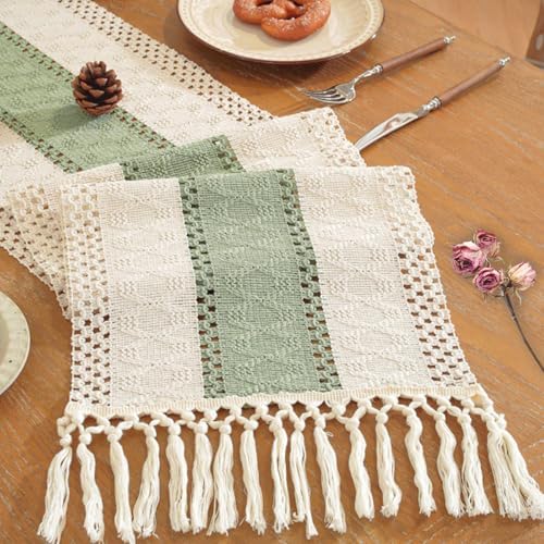 Niviy Sage Green Table Runner 120 Inches Long with Tassels, Seasonal Spring Summer Washable Embroidered Striped Braided Green and Beige Boho Table Runners for Holiday Party 12 x 120 Inches by Niviy