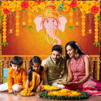 Avezano Indian Pooja Traditional Backdrop Indian Religious Festival Marigold Banner Orange Flower Marriage Hindu Curtain Bridal Shower Wedding Party Decorations Banner (8x6ft) - Image 5