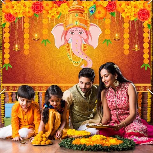 Avezano Indian Pooja Traditional Backdrop Indian Religious Festival Marigold Banner Orange Flower Marriage Hindu Curtain Bridal Shower Wedding Party Decorations Banner (8x6ft) - Image 5