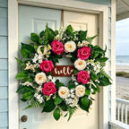 Artificial Spring Summer Wreath, 24 Inch Floral Wreath for Front Door - Greenery Wreath with Flowers and Green Leaves, Farmhouse All Season Home Decor for Indoor Outdoor Wall Porch Window - Image 2