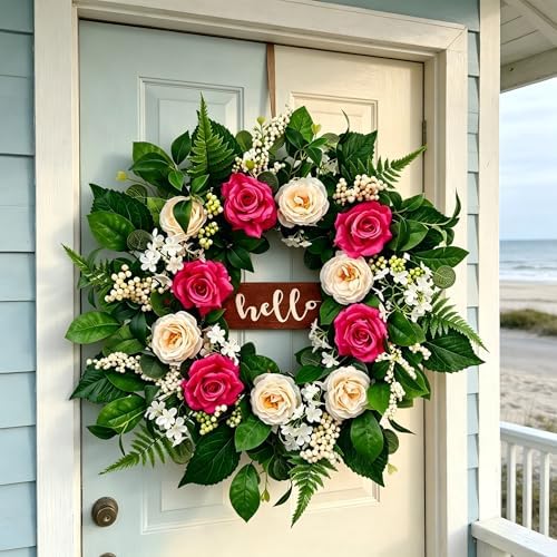 Artificial Spring Summer Wreath, 24 Inch Floral Wreath for Front Door - Greenery Wreath with Flowers and Green Leaves, Farmhouse All Season Home Decor for Indoor Outdoor Wall Porch Window - Image 2