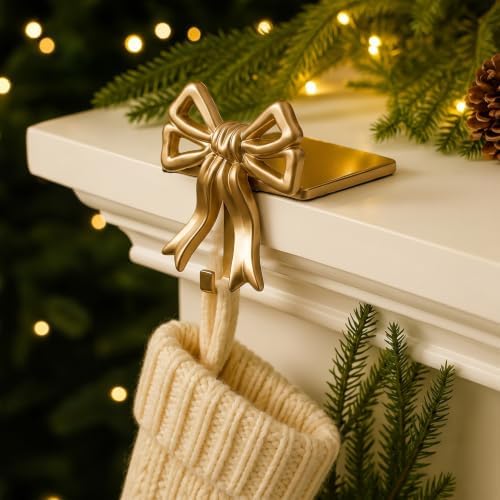 MorningRo 6 Pcs Gold Bow Christmas Stocking Holder Heavy Duty Cast Iron Gold Christmas Double Bow Stocking Holder Xmas Home Metal Decoration for Mantle Fireplace Shelf Staircase Decoration by MorningRo