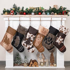 LUBOT Christmas Stockings Set of 6, Western Cowboy 20" Rustic Farmhouse Fireplace Hanging Décor Neutral Embossed Leather & Plush Faux Fur with Tassel Accents Large Family Xmas Stockings by LUBOT
