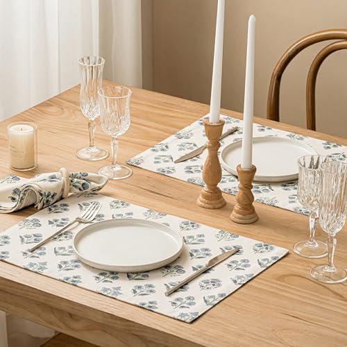 Block Print Floral Decorative Placemats Set of 6, Dusty Blue - Image 3