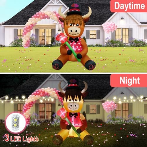 5FT Tall Valentine's Day Inflatable Highland Cow Holding a Rose, Blow Up Valentine's Day Outdoor Decoration Built-in 3 Led Lights for Wedding Propose Indoor Yard Party Supplies - Image 4