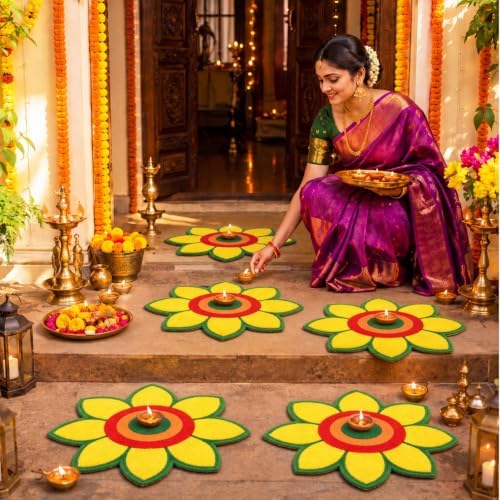 Dunzy 6 Pcs Diwali Rangoli Mat Varalakshmi Pooja Decoration, Yellow Mandala - Image 6