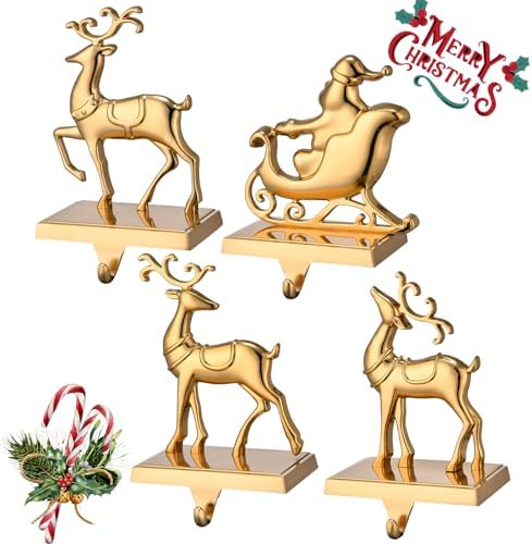 Antique Gold Reindeer & Sleigh Stocking Holder Set for Mantle Set of 4,Deer Stocking Hangers for Firepiece,Christmas Decorations Mantel Hanger for Stocking/Garland (Retro Gold) - Image 3