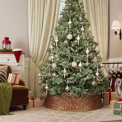 ELYKEN 42 Inch Woven Rattan Christmas Tree Collar, Stylish Seagrass & Water Hyacinth Xmas Tree Skirt for Artificial Trees, Wicker Tree Base Cover with Cord Cut-Out Farmhouse Tree Ring for Home Decor - Image 2