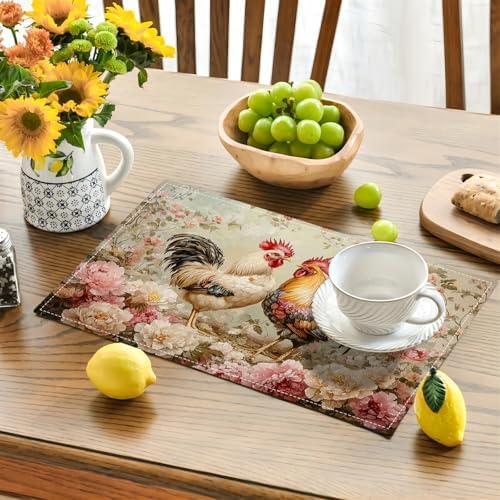 Farmhouse Rooster Placemats Set of 6 Rustic Chicken Flowers Table Mats Farm Country Place Mats Decor Imitation Linen Heat Resistant Tablecloth for Dining Decoration Kitchen Party Restaurants 12''x18'' - Image 2