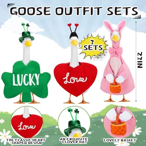 Abbylike 3 Sets St. Patrick's Day Porch Goose Outfits Lucky Shamrock Clover Yard Goose Clothes Easter Spring Lawn Costume for 23 Inch Cement Patio Garden Outdoor Statue Art Decorations - Image 2