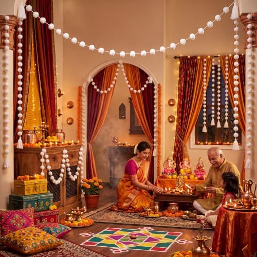 Yalikop 10 Pcs Pom Pom Garland 5 ft Diwali Party, White - Image 4